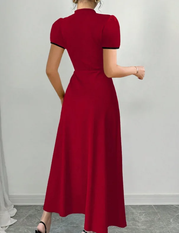 Dresses Women Party Long Dress Patchwork Puff Sleeve Stand Collar Button Tight Waist A Line Female Vestidos Summer Maxi Gown image 5