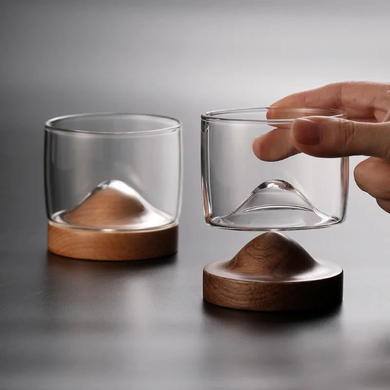 Japanese Style Mountain Whiskey Glass With Wooden Coaster Black Walnut Beech Base Whisky Shot Glass Fuji Mount Chivas Wine Cup