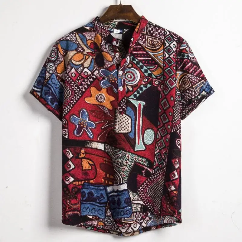 

2023 Men Linen Short Sleeve Shirt Men Summer Floral Loose Casual Hawaii Holiday Beach Shirt Tops Buttons Blouse National Style