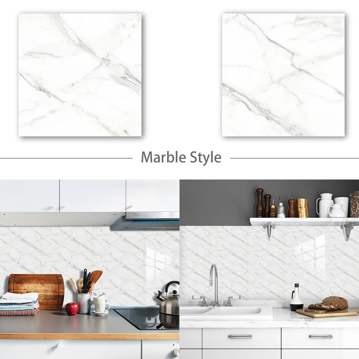 2pcs/set Thicken Foam White Marble Pattern Tiles Sticker Kitchen Backsplash Oil-proof Peel & Stick TV Sofa Wall Art Wallpaper