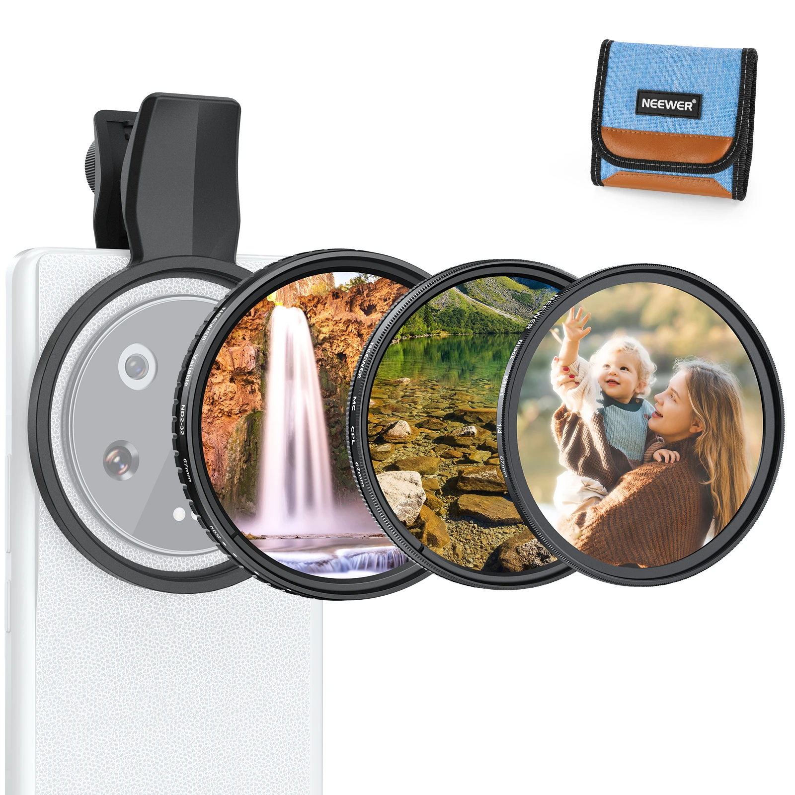 

NEEWER 67mm Variable ND Filter Set For Android, 3 Pcs CPL Circular Polarizing + ND2-32 + Black Mist Diffusion 1/4 Lens Filter