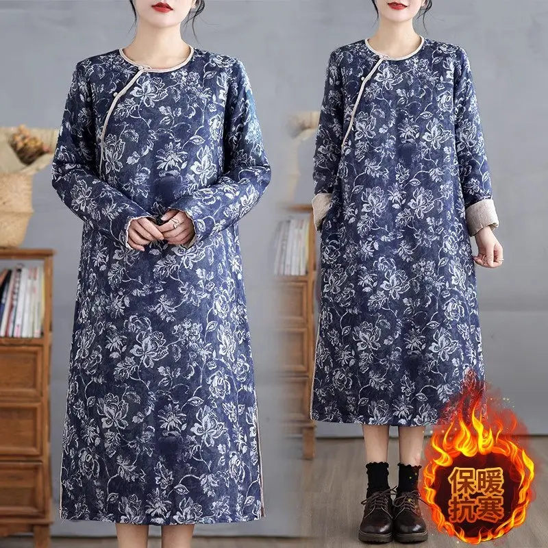 

2024 Artistic Cotton And Linen Dress Autumn Chinese Style Printed Round Neck Contrasting Color Retro Women's Ramie Qipao K2729