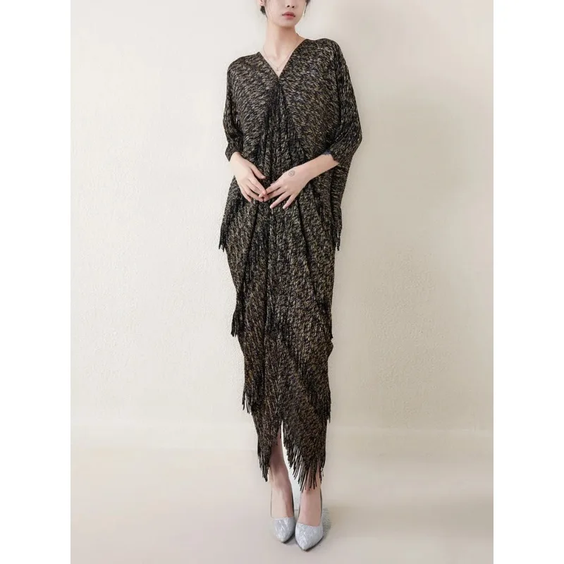 SMVP 여성용 우아한 원피스 브이넥 박쥐 소매 술 디자인, 루즈한 대형 여성 드레스, 단색, 2025 용수철, 신상