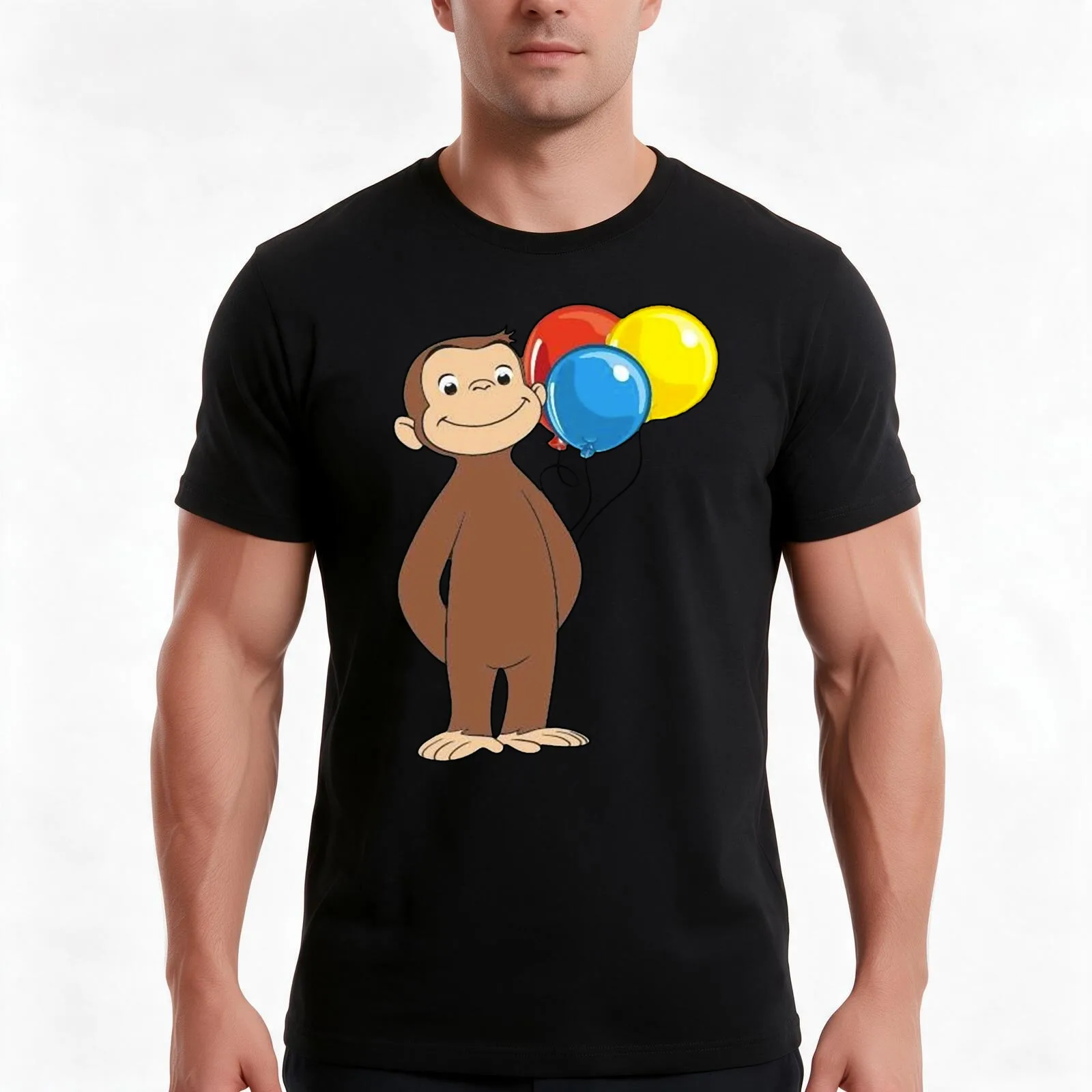 Curious George with balloons T-Shirt, Summer Casual Cotton Tee, Oversized Streetwear Tops, Vintage Graphic Print, 100% Cotton