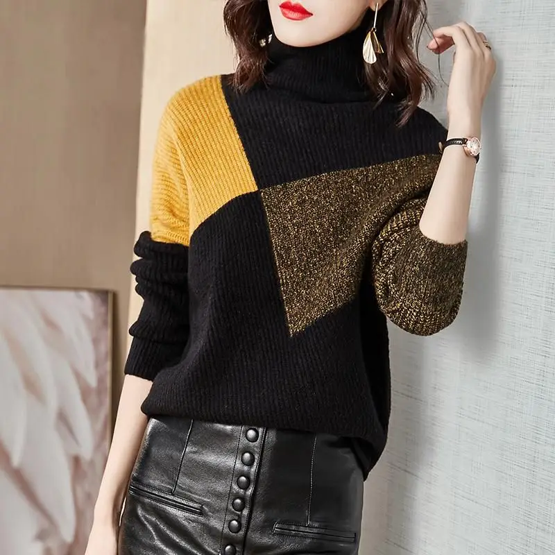 2023 Autumn Winter New Vintage Contrasting Colors Patchwork Knitted Sweaters Fashion Loose Long Sleeve Casual Turtleneck Jumpers