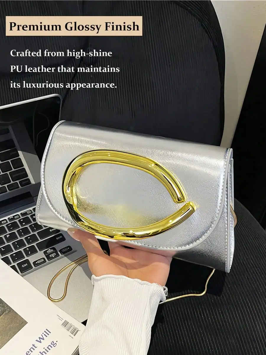 

Elegant Shiny PU Leather Mini Clutch Bag With Metal Bar Accent For Party Wedding Evening