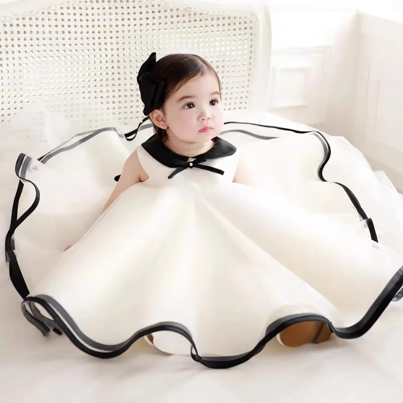 

2025 Summer High end White flower girl dress for wedding Korean Baby girls' 1st year birthday party Holiday princess dresses