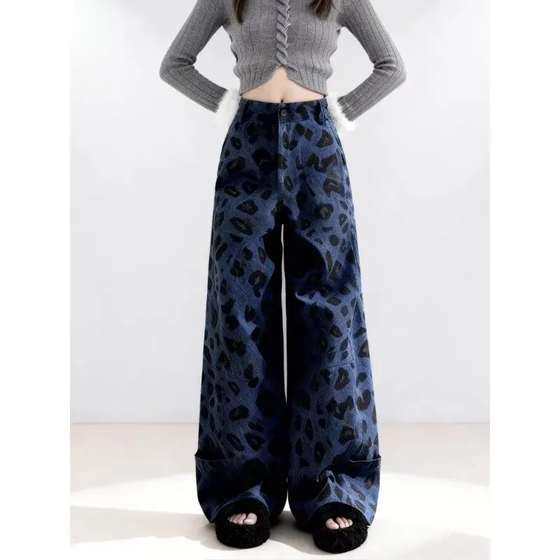 Autumn Women Blue Leopard Y2k Baggy Jeans Vintage Wide Leg Denim Trousers Aesthetic 2000s Style Oversize Casual Jeans Pants
