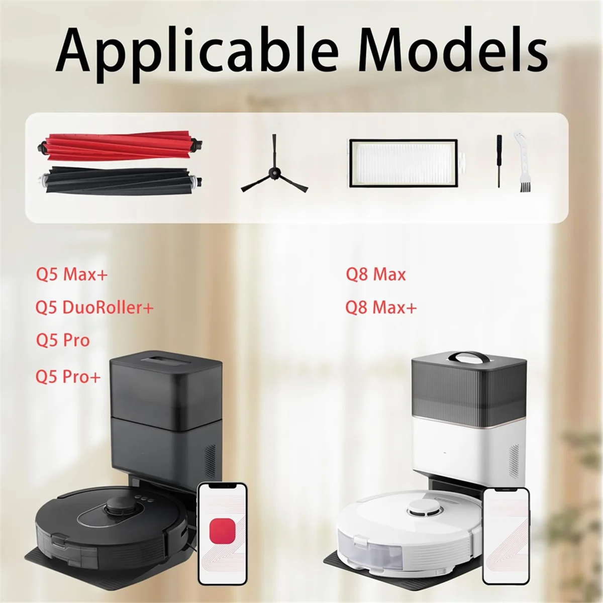 BFYL-Kit Pengganti untuk Roborock Q5 Max +/ Q5 DuoRoller +/Q5 Pro/Q5 Pro +/Q8 Max/ Q8 Max + Vakum Robot, Filter HEPA Sikat Utama