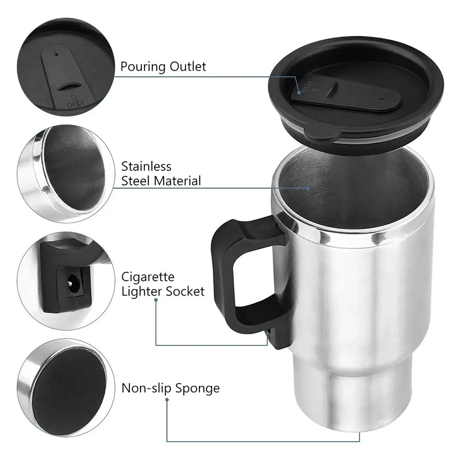 Tasse chauffante électrique USB pour voiture, chauffe-eau, bouteille à clics, tasse de voyage, gadgets de voiture, 500ml, 12V