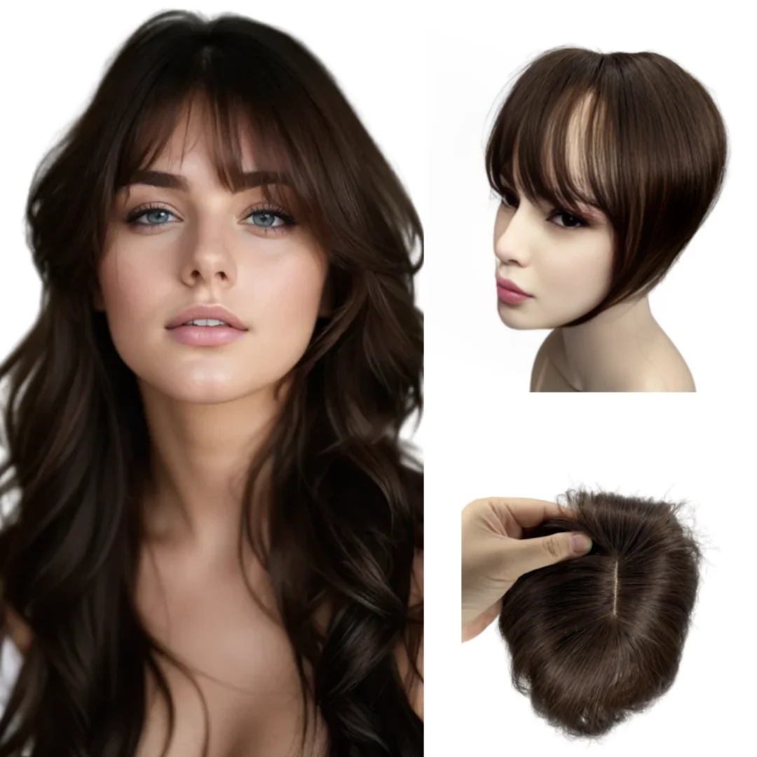 

Топперы для волос для женщин, настоящие человеческие волосы 360° ° 3D-обложка из натуральных волос с челкой, кусочки волос, тонкая челка, наращивание волос