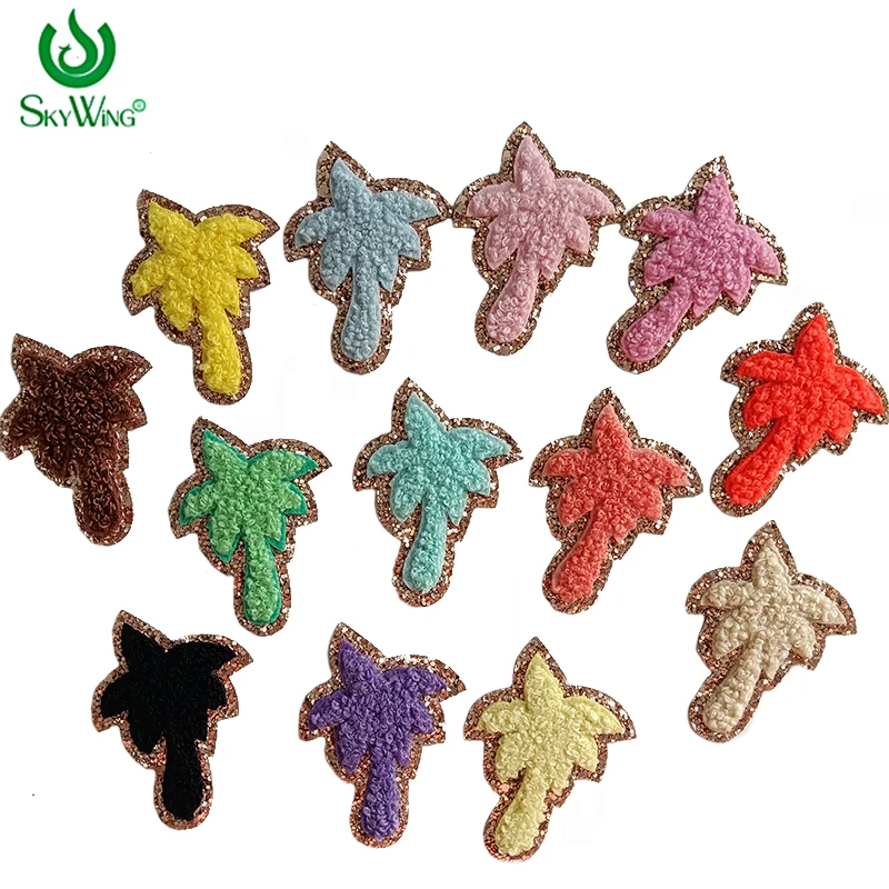 Wholesale Embroidery Multiple Color Options Chenille Coconut Palm Tree Gold Glitter Iron on Patches for Bags T Shirt DIY