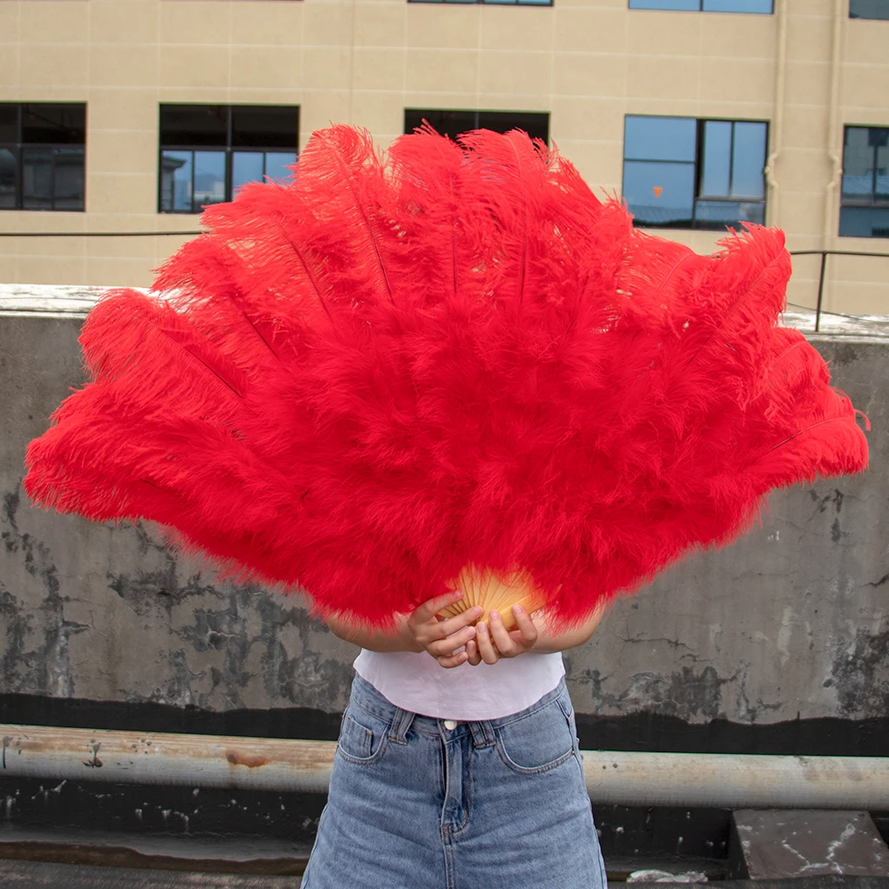 Natural Ostrich Feather Fan 13 Bones Big Hand Held Folding White Fan for Performance Dance Fans Party Stage Carnival Show Props