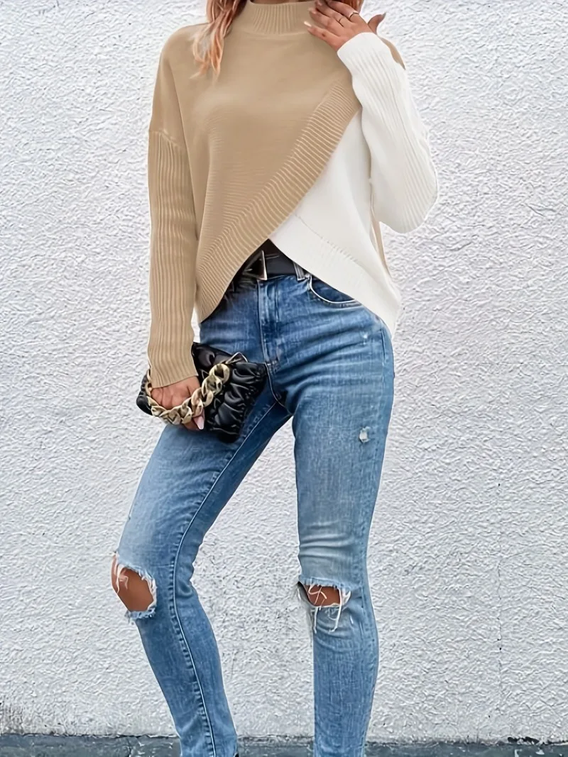 Casual Knitted Pullover Fashion Khaki White Patchwork Long Sleeve Sweater Autumn/Winter O-neck Office Sweater Pull Femme 28223