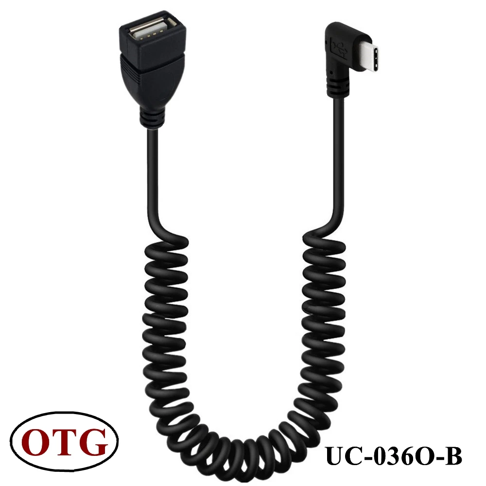 OTG Adapter Type-C Male To USB A Female Mobile Phone Data Charging Elbow Cable Car Mounted Spiral Telescopic Spring Data Cable