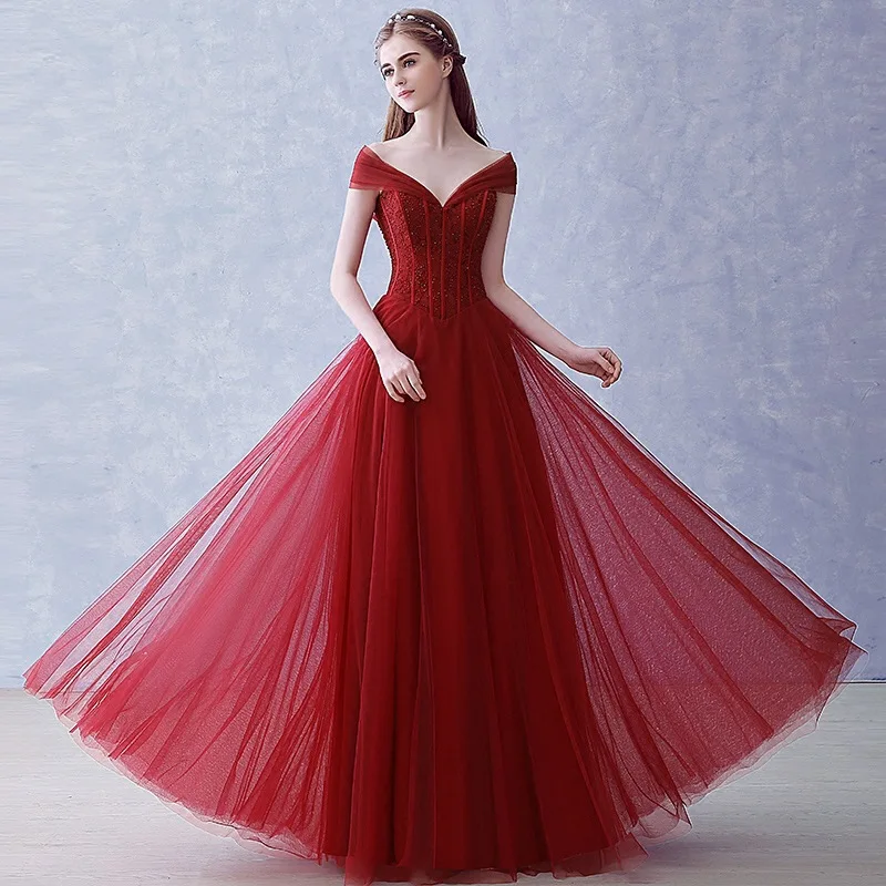 2024 New Red Long One-word Shoulder Dignified Evening Dress Bride Toasting Dress Annual Performance Catwalk Host