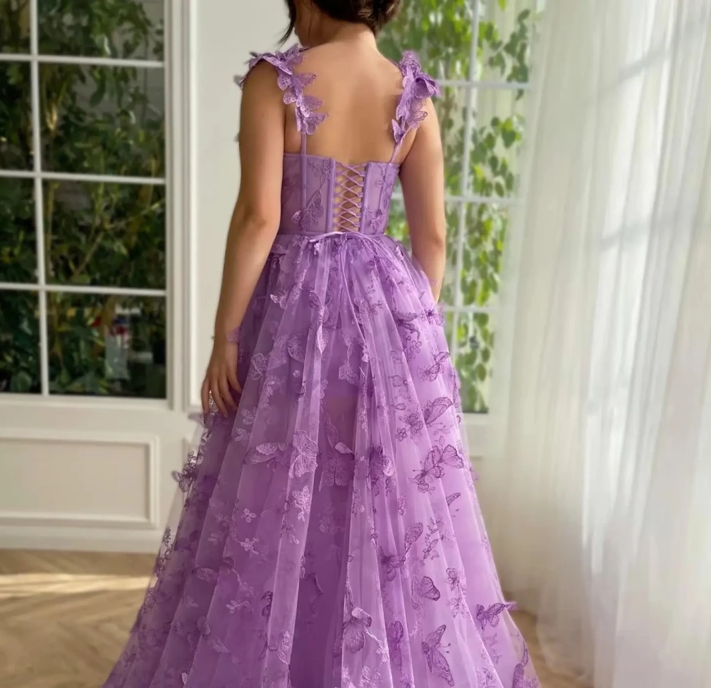 Lilac-3D Vestido De Noite De Borboleta, Spaghetti Straps Lace, Vestidos De Baile, Linha A, Fenda Alta, Lace Up, Vestido De Fada, 2024