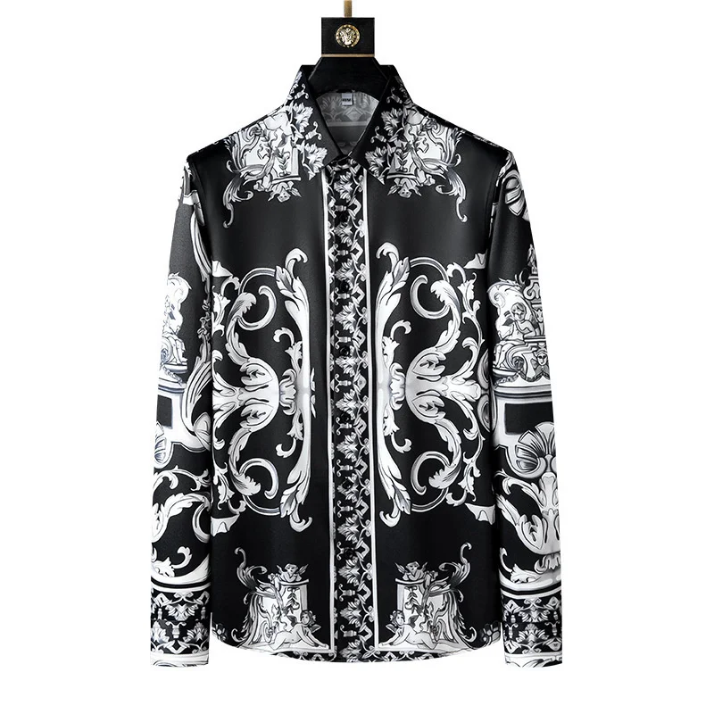 Autumn Luxury Men Long Sleeve Shirts For Man Turn Down Fashion Casual Black Print Tops