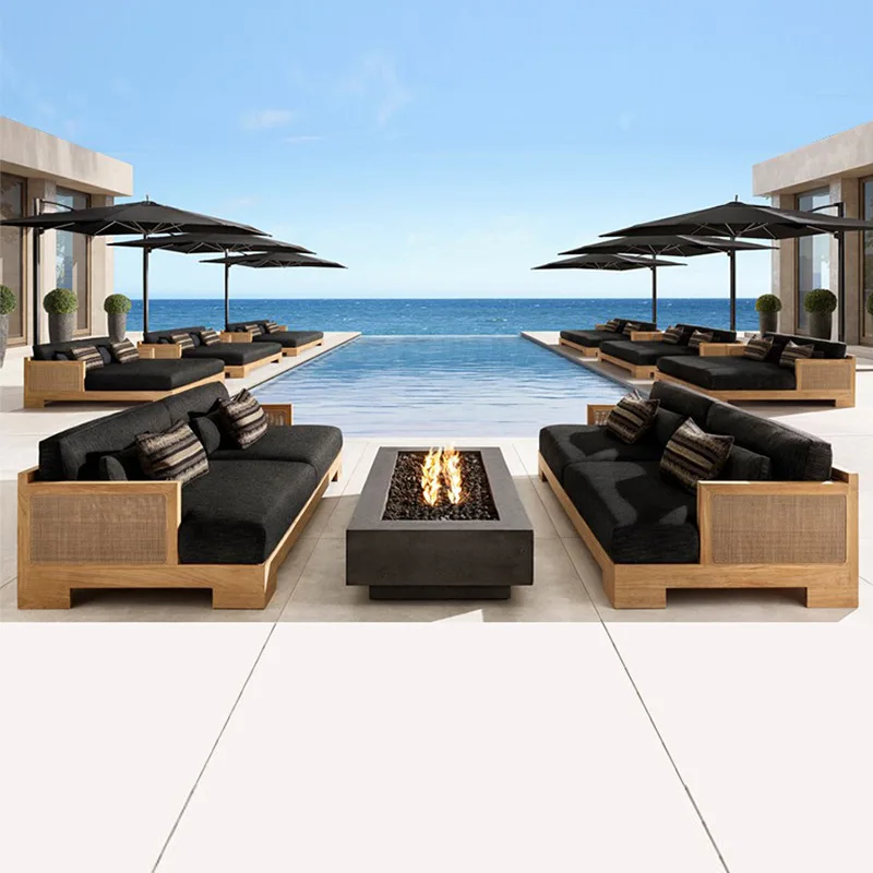 

Outdoor sofa rattan hotel terrace garden solid wood furniture homestay outdoor teak lazy sofa coffee table