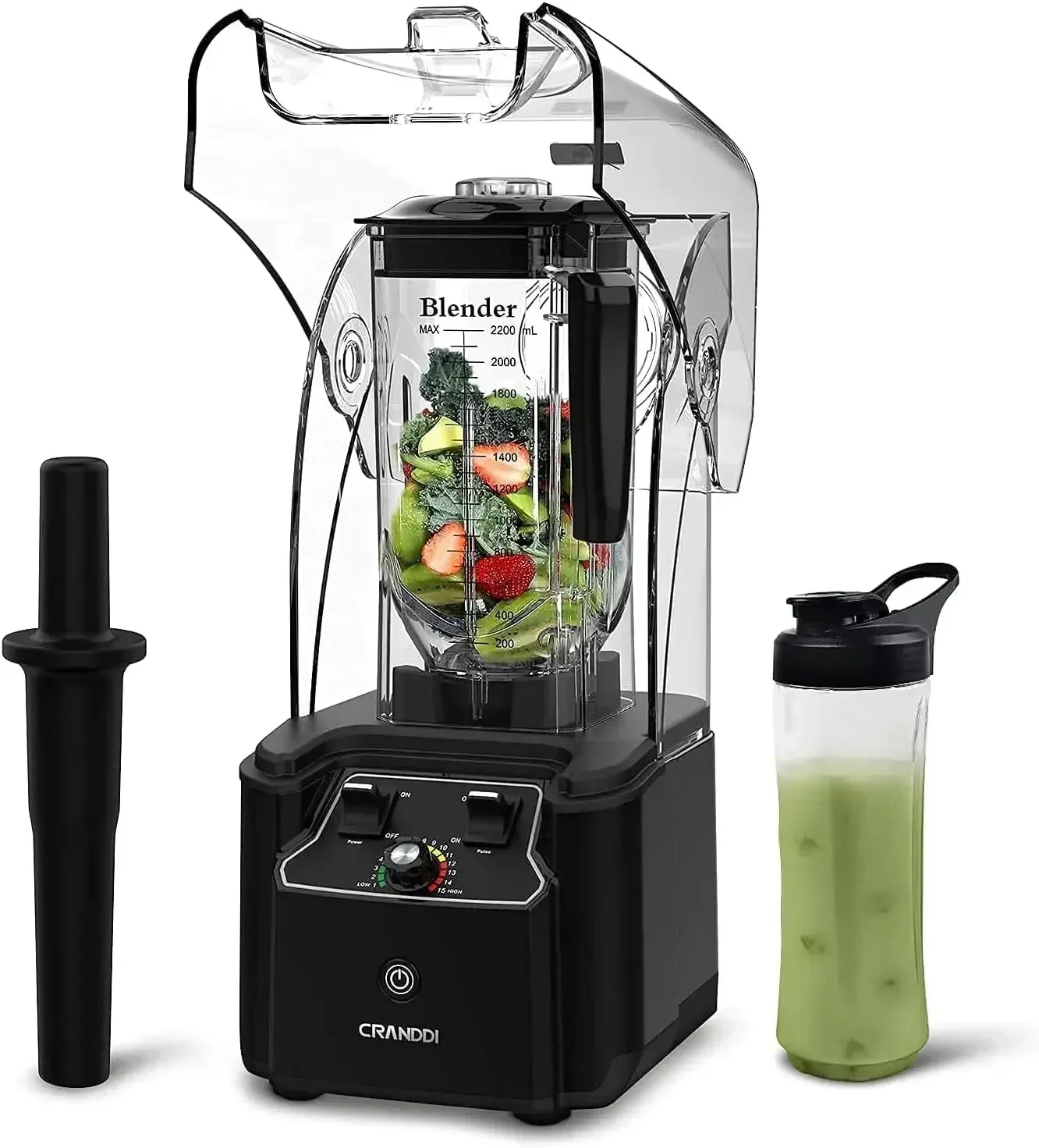 CRANDDI Quiet Commercial Blender with Soundproof Shield, 2200 Watt Professional Blenders for Kitchen  80oz Jar and Self