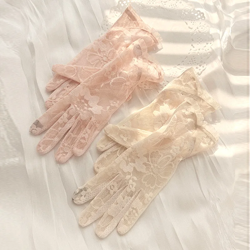 Summer Sun-protection Short Gloves,non-slip Touchscreen-compatible Lace-trimmed Breathable Driving Gloves with UV Protection