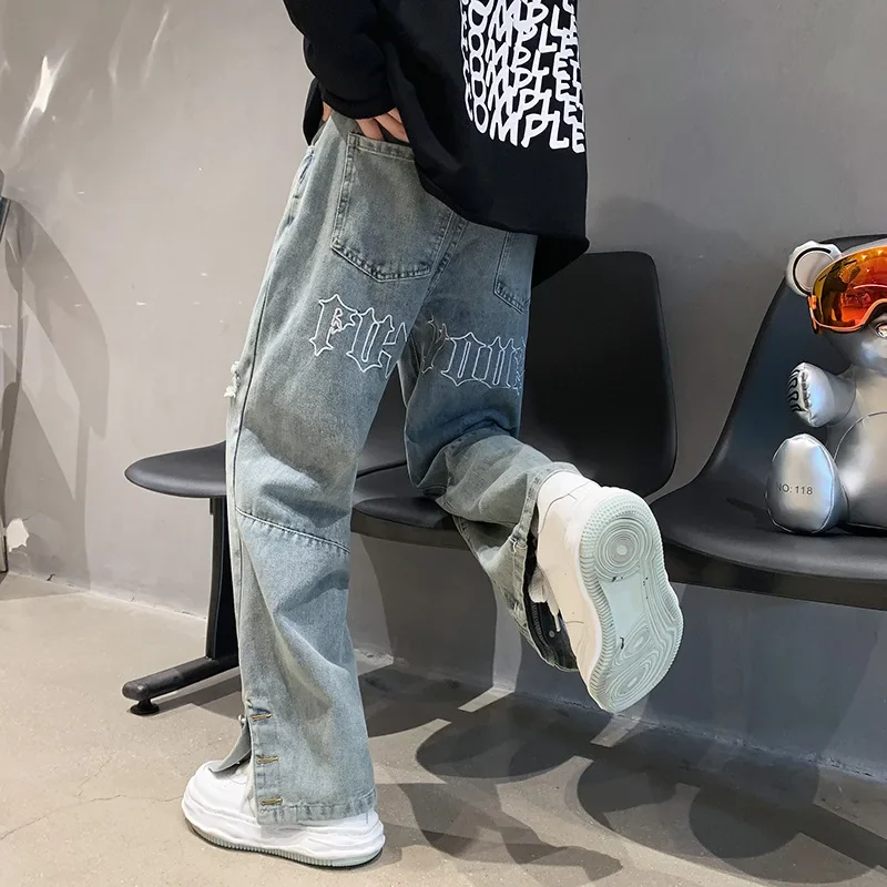 American Retro High Street Pants for Men Letters Embroidery Hip Hop Jeans Straight Loose Fashion Casual Male Streetwear Trousers