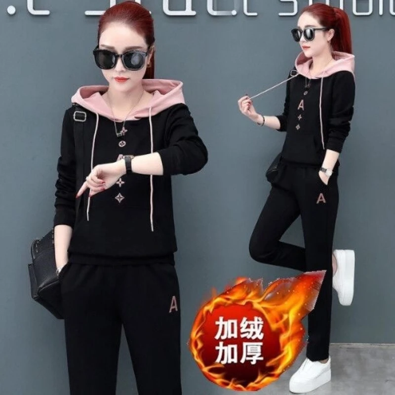Autumn and Winter New Korean Style Fashionable Hooded Top Casual Pants Sporty Women's Two-piece Set
