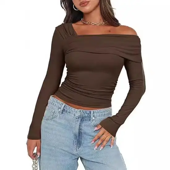 

Women's Single oulder Long Sve irt Pleated Slim Fit Polyester Spring 2024 Faion European Sle Ladies' T-irt