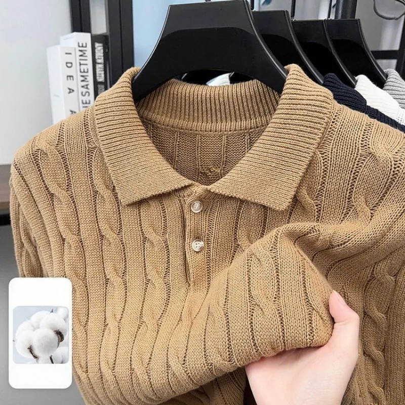 100% Cotton Men's Knitted Polo Shirt Short Sleeve Cotton Cable Knit Retro Turn-down Collar Casual Business Top
