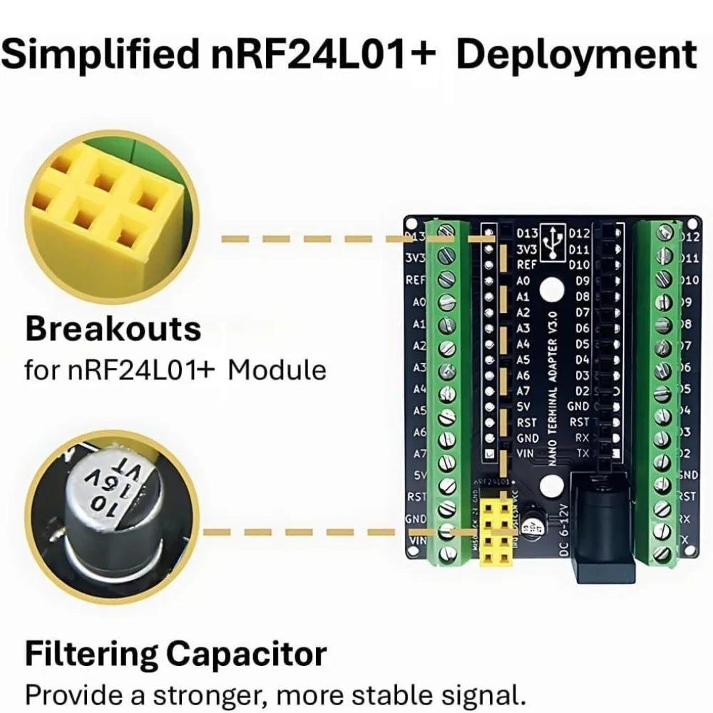 Expansion Board for Arduino Nano, Screw Terminal Adapter, Breakouts for nRF24L01+ Module, Extra Filter Capacitor, DC Power Input