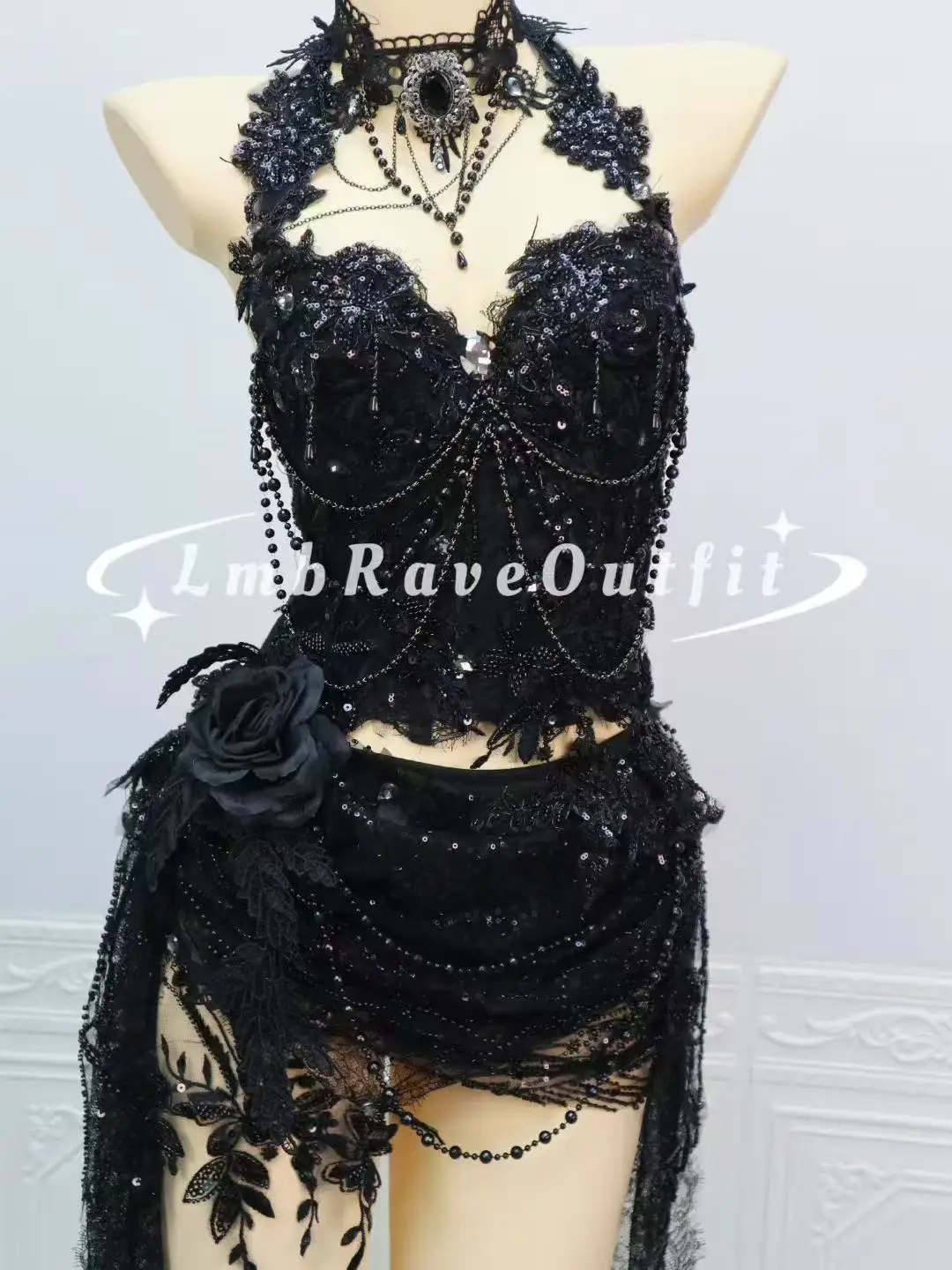 Sexy Black Rose Flower Lace Pearl Tassel Shiny Diamond Bikini Dress DJ Bar Nightclub Singer Dance Stage Party Prom Birthday Wear view 3