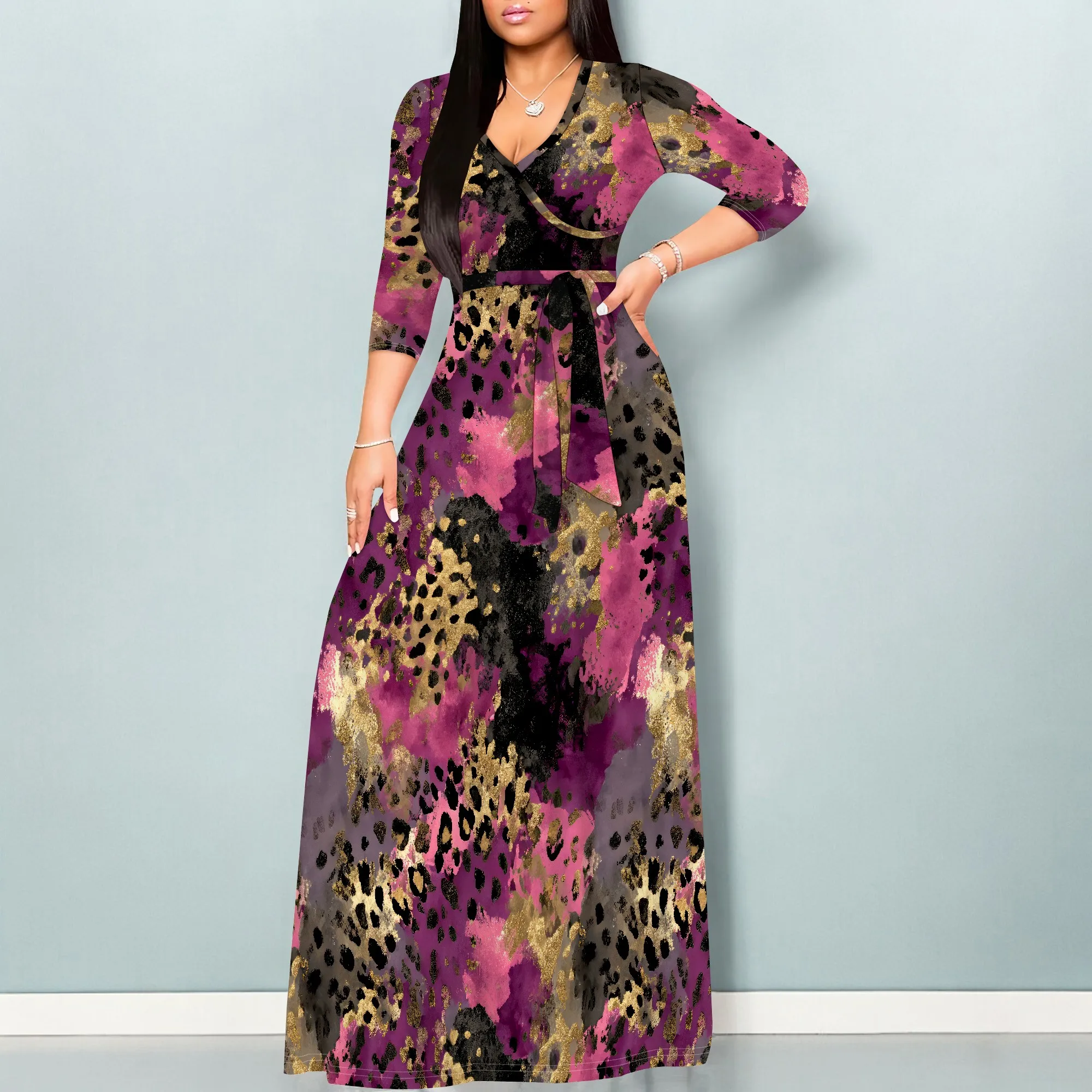 ชุดเดรสฤดูร้อนสบายๆสําหรับผู้หญิง Maxi 3/4 Sleeve เซ็กซี่ลึก V คอ Bodycon Wrap Flowly Beach ชุดวันหยุดกับเข็มขัด