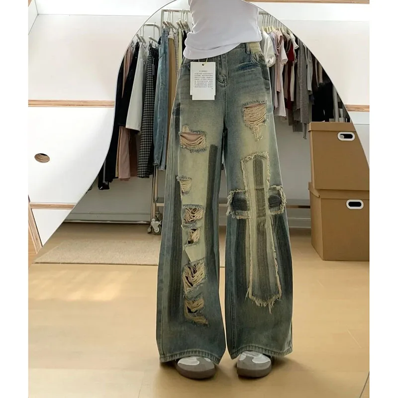 

Women's Spring Summer New American Retro High Waist Patch Hole Jeans Women's Summer New Wide-Leg Pants Loose Old Jeans Made