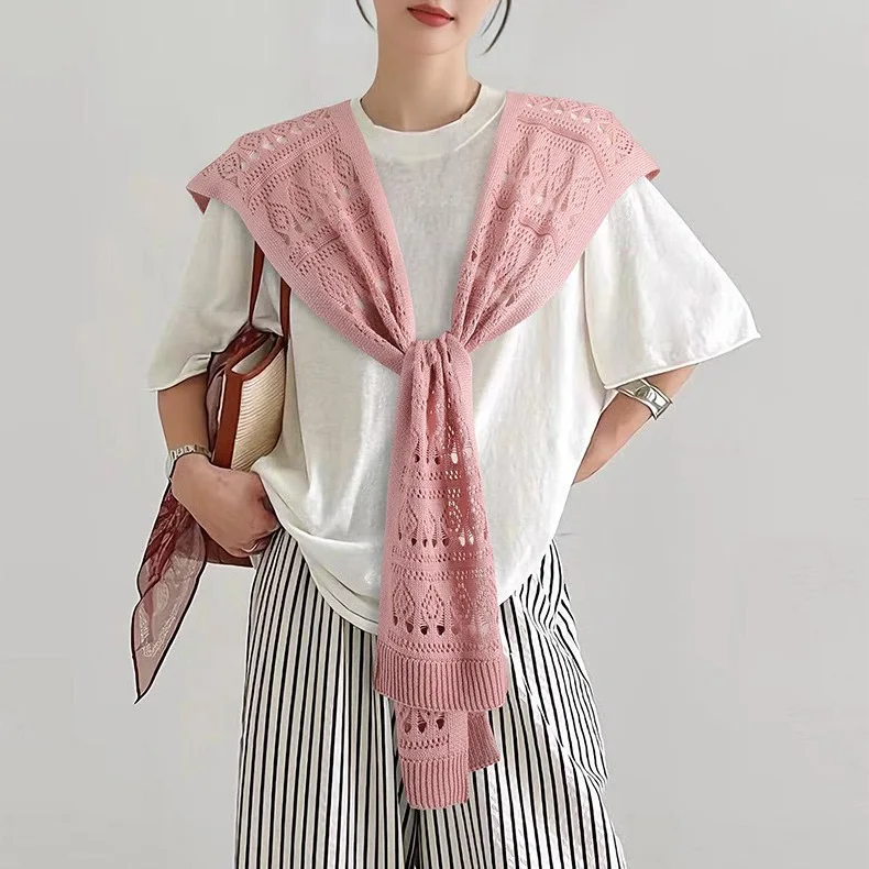 

Korean Knitted poncho Ice Silk Shawl Women's Thin Hollow out Shirt with Shoulders for Spring Cloak Summer Cape