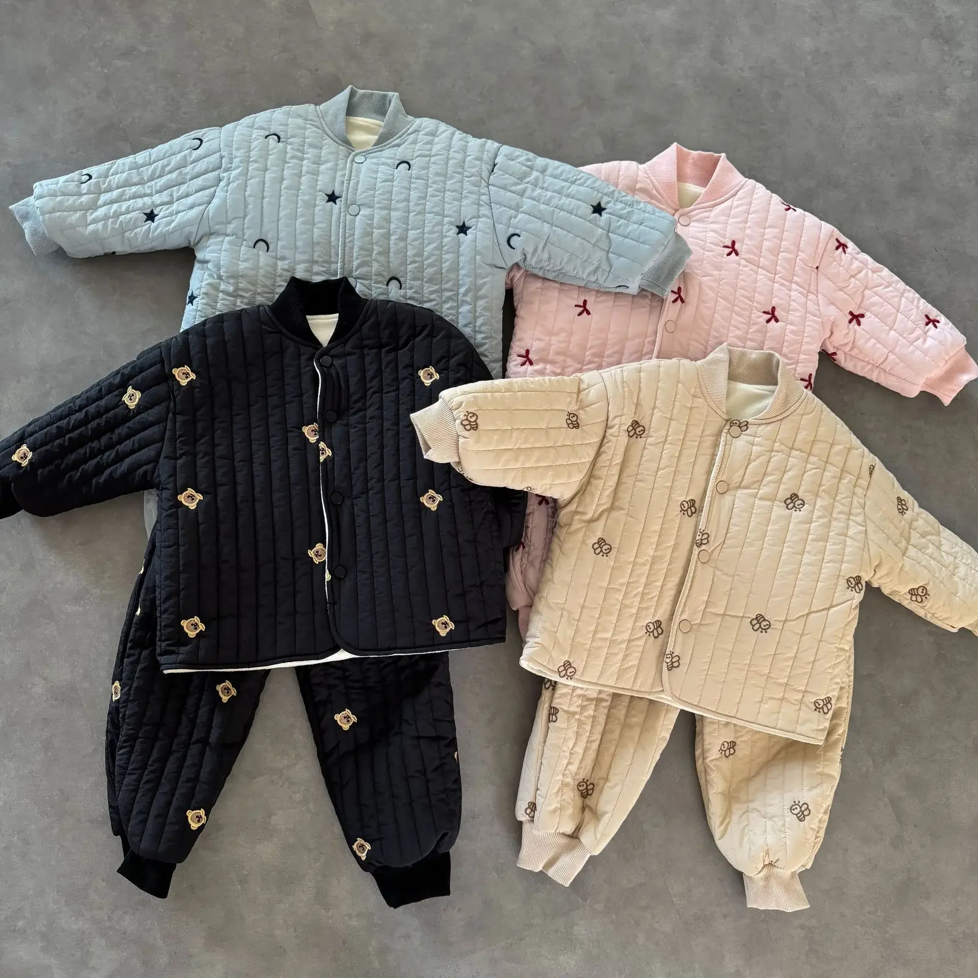 2026 Embroidery Children's Sets Autumn Winter Warm Plush Lining Kids Hooded Jacket And Pants For Boys And Girls Sets