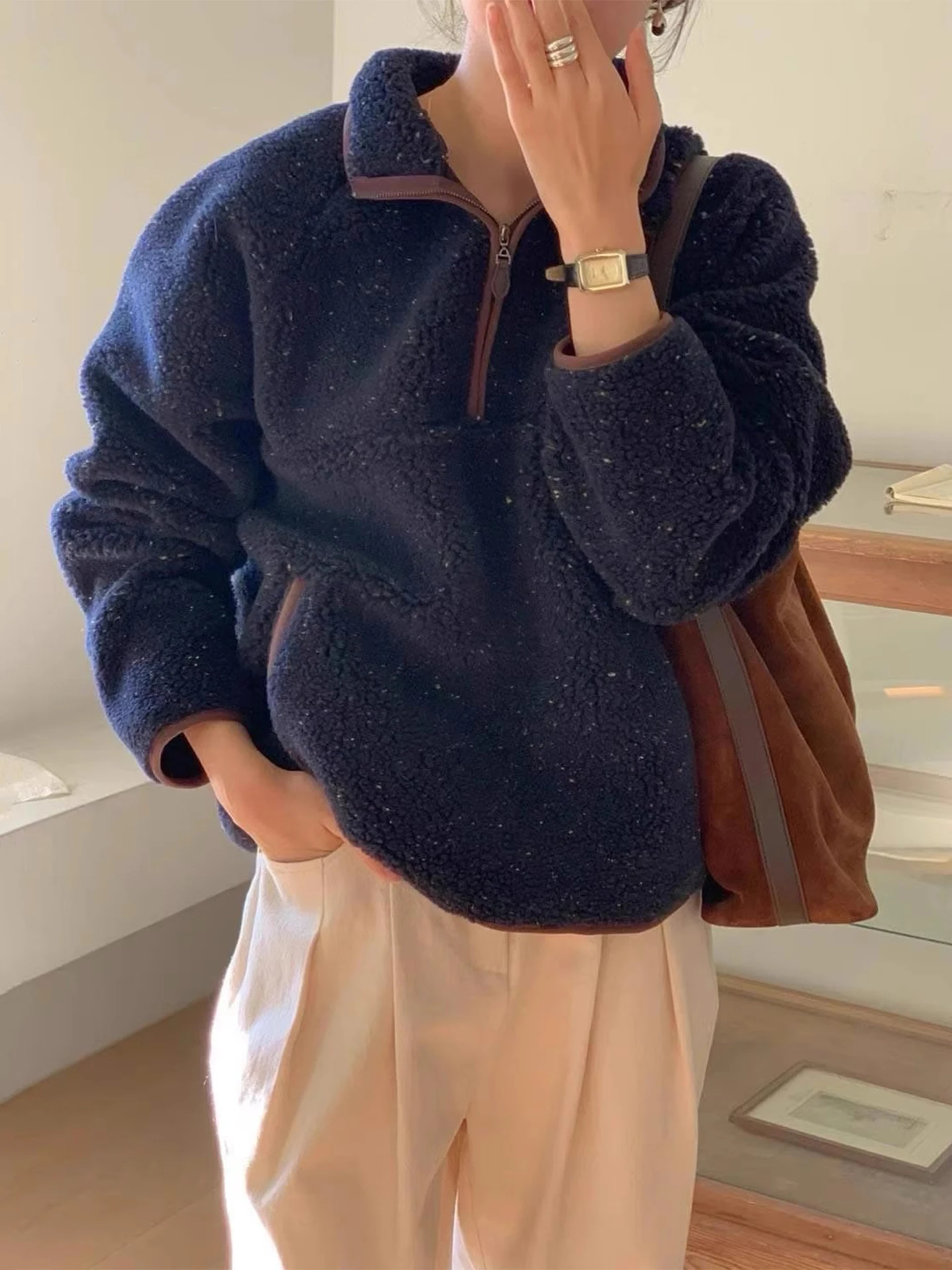 양털 후드 여성용 루즈핏 스탠드 칼라 지퍼 혼합 니트 겨울 캐주얼 탑 안티에이징 지퍼 컬러 블록 스웨터