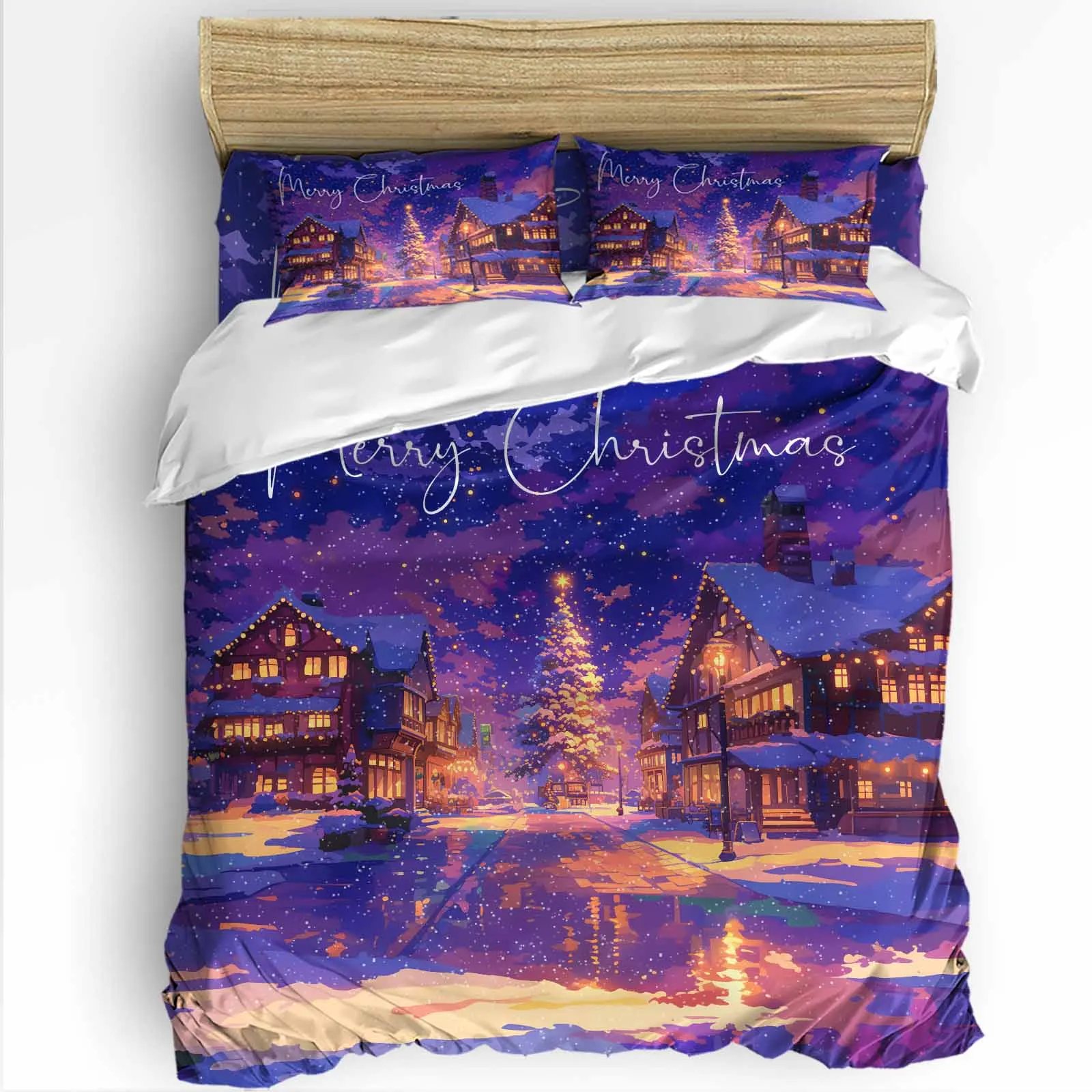 Street View, Night View, Winter The 4-piece textile set on the bed includes two pillowcases one duvet one bedsheet customization