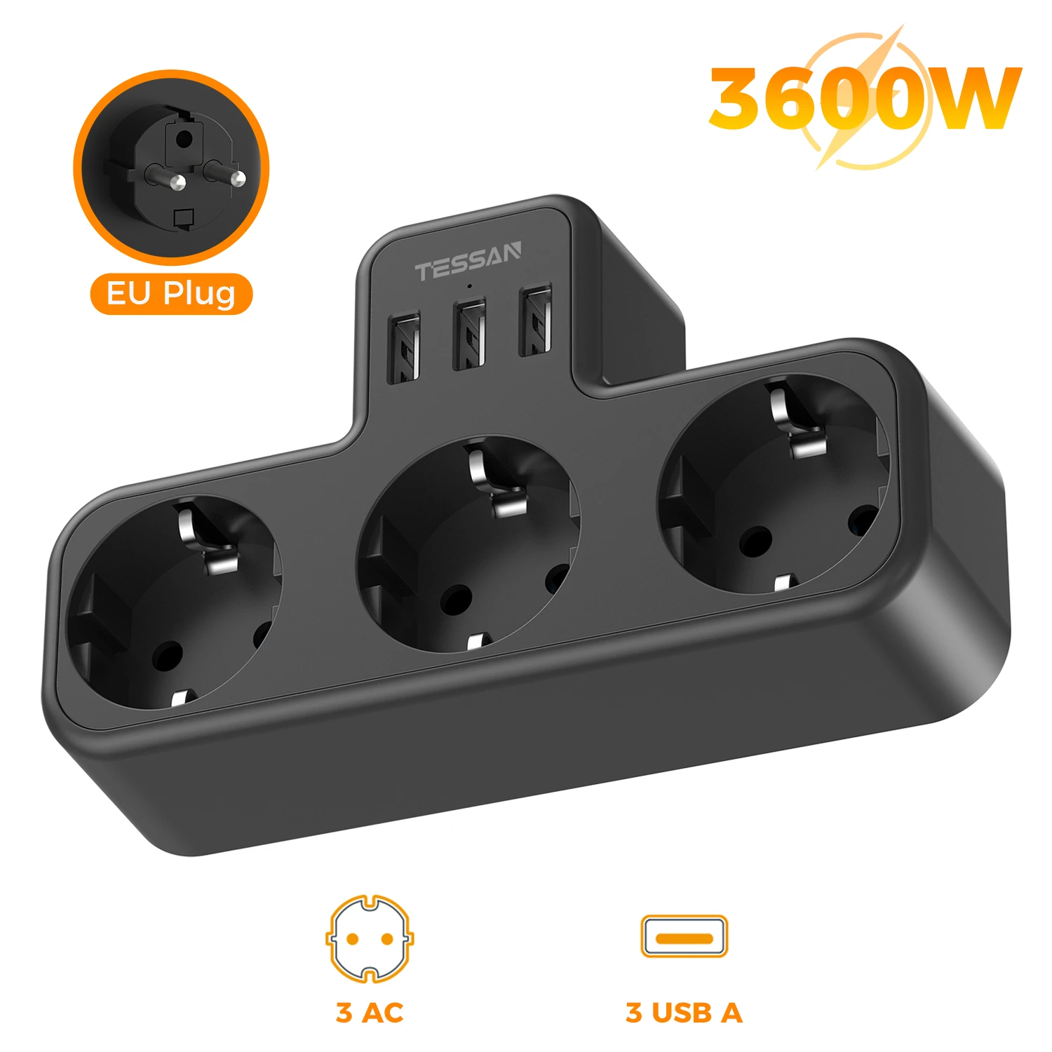 TESSAN Mehrfachsteckdose nach EU-Standard, USB-Wandsteckdose, 6-in-1-Verlängerungssteckdose mit 3 AC-Steckdosen, Adapter, Wandladegerät für Zuhause und Büro