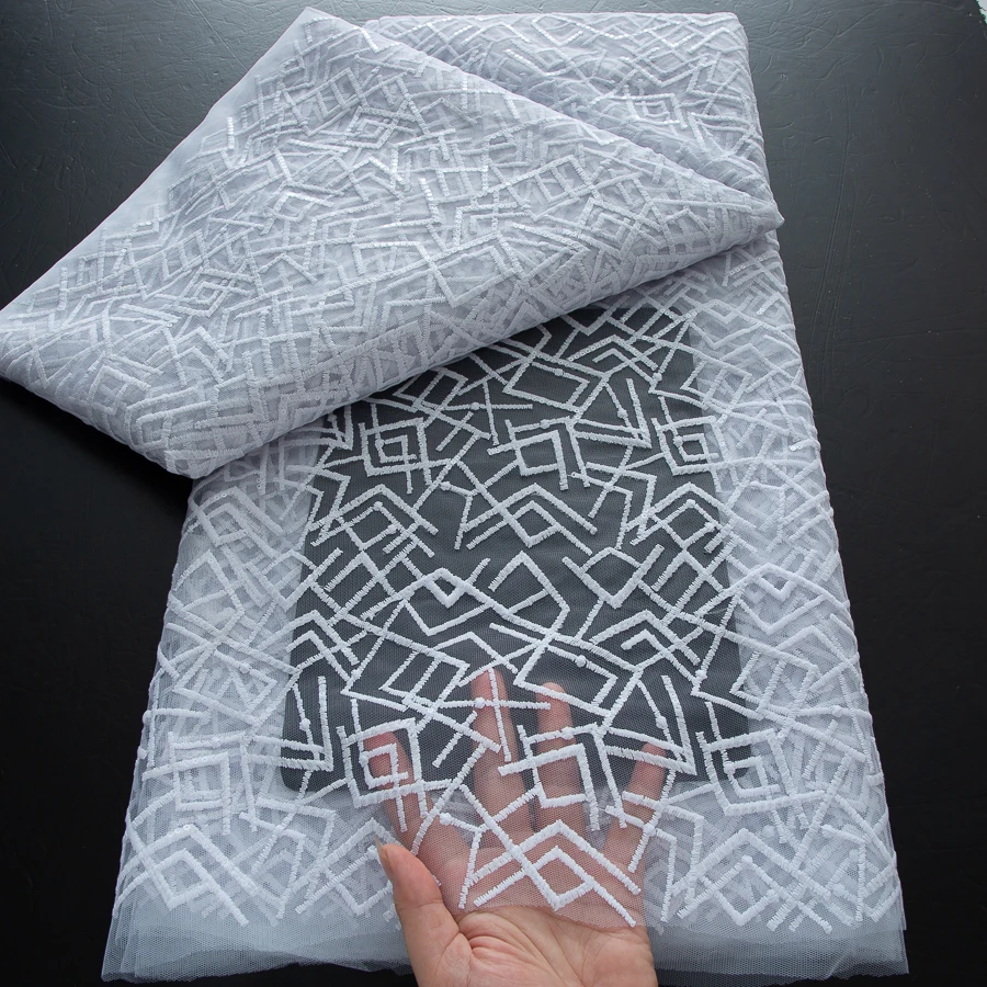 White Nigerian Sequins Net Lace Fabric High Quality 5 Yards French African Mesh Tulle Lace Fabric for Elegant Party Dress A4058