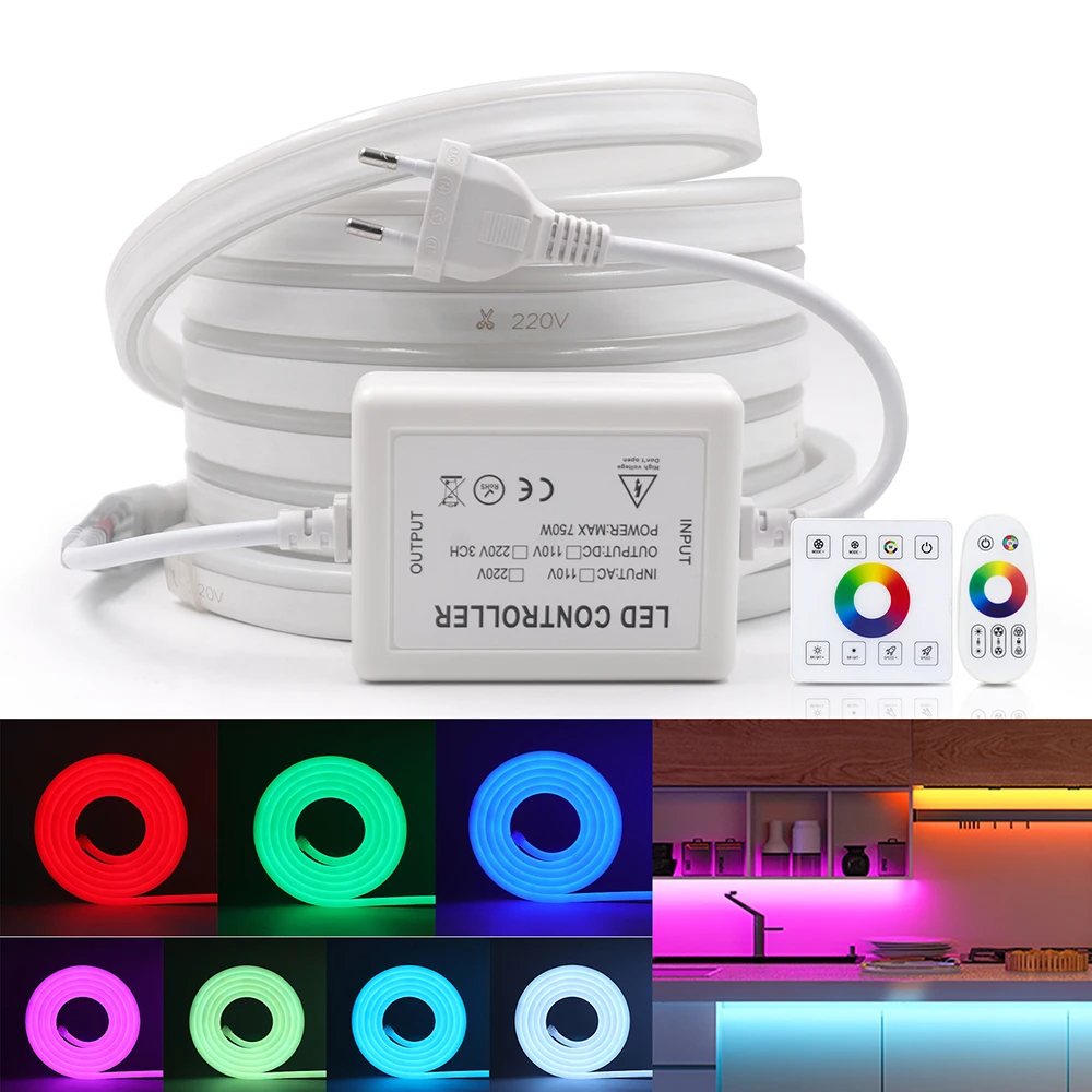 110V 220V RGB Neon Light With Touch Remote Control Panel 80 60LEDs/M Flexible Waterproof Christmas Decorative Outdoor Lighting