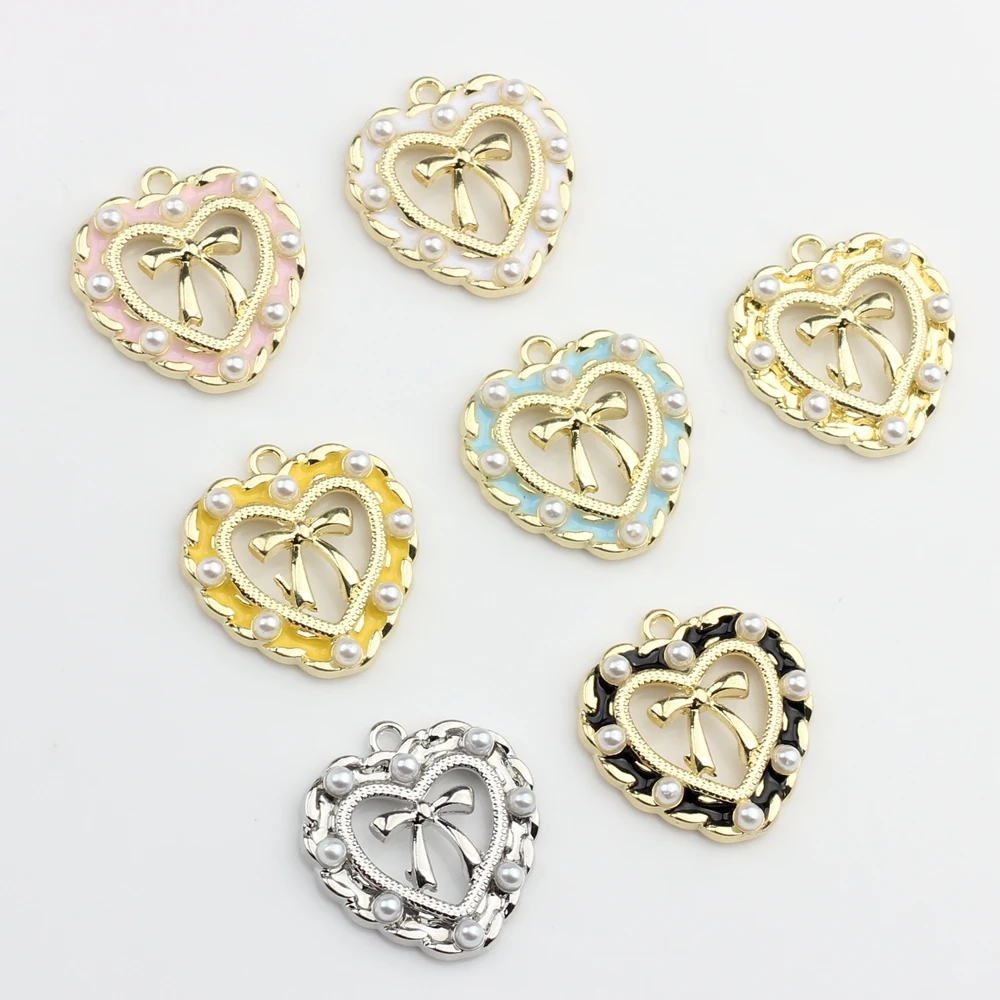 Zinc Alloy  Enamel Hollow Lace Heart Bow-knot Charms 6pcs/lot For DIY Jewelry Making Drop Earrings Accessories