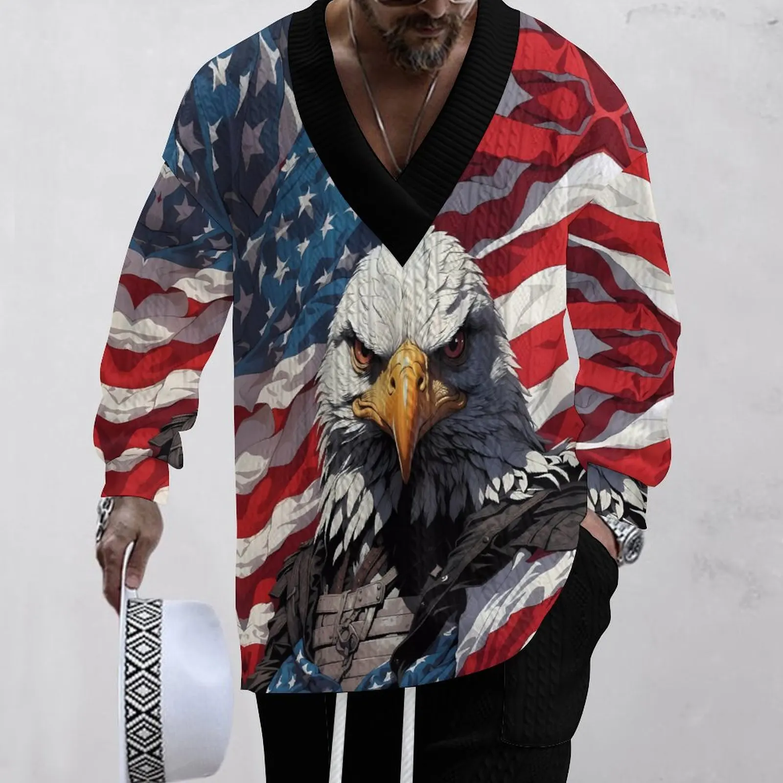 Men's V-Neck Long Sleeve and Long Pants Set, 2-Pieces Stylish V-neck design for a classic look Bald Eagle Design US Set