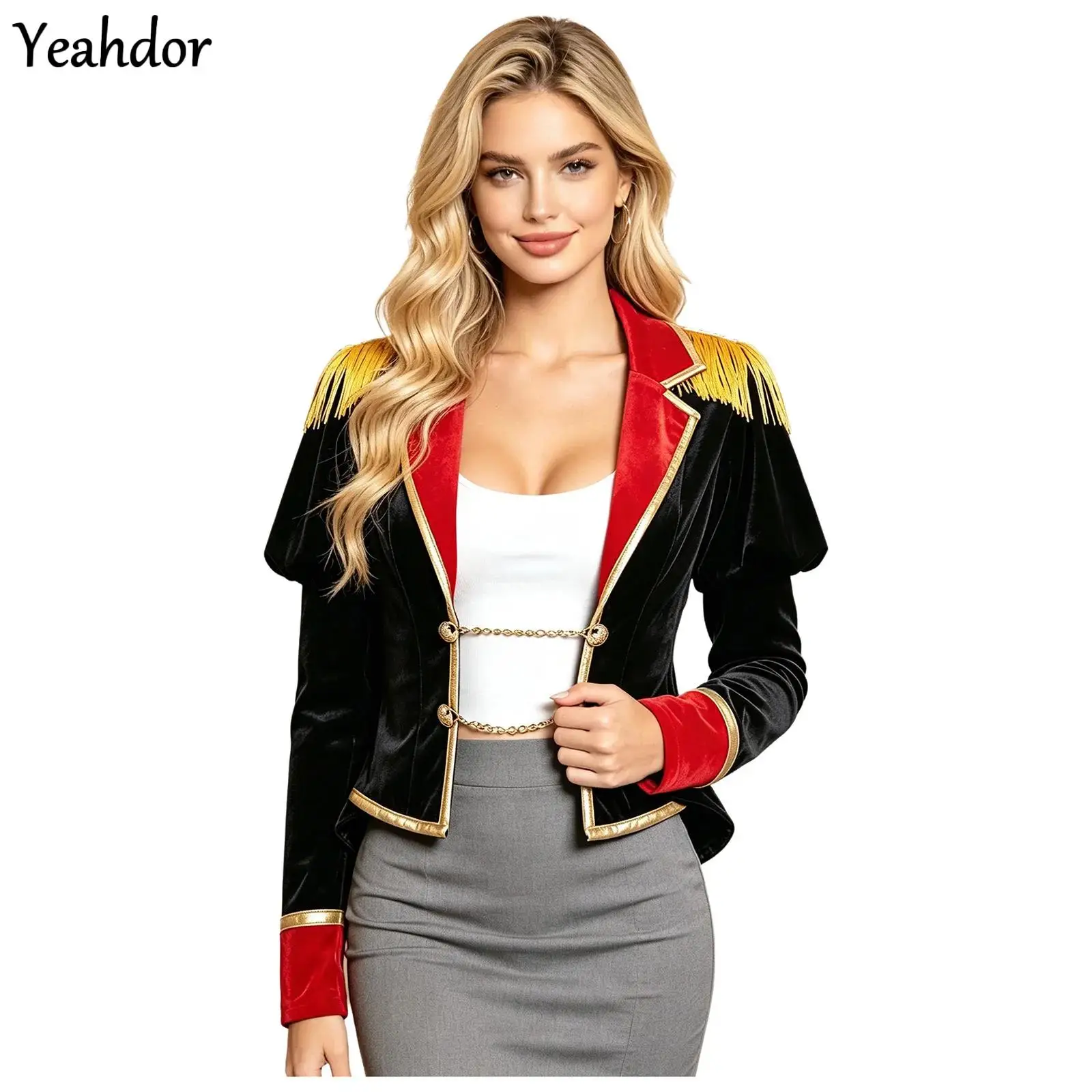 Chaqueta de disfraz de circo para mujer, estilo maestro de ceremonias, para Halloween, cosplay de showman, con mangas largas abullonadas, flecos y borlas en los hombros, chaleco de domador de leones