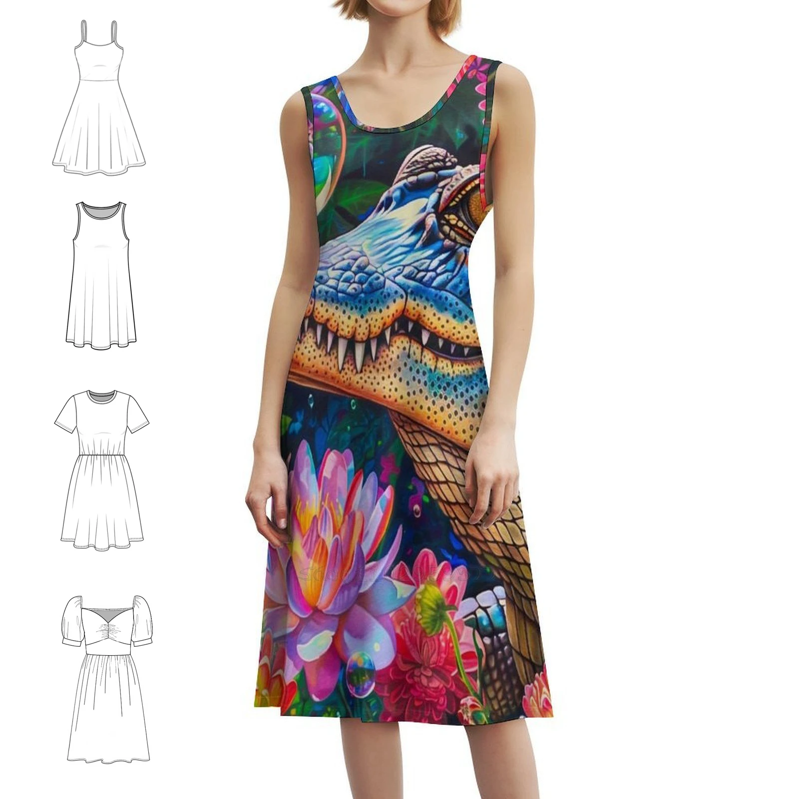 Gaun Gaya Korea Bubbles untuk Wanita Gaun Kasual Elegan untuk Pesta atau Pakaian Sehari-hari Bubbles Alligator Flowers Animals Female