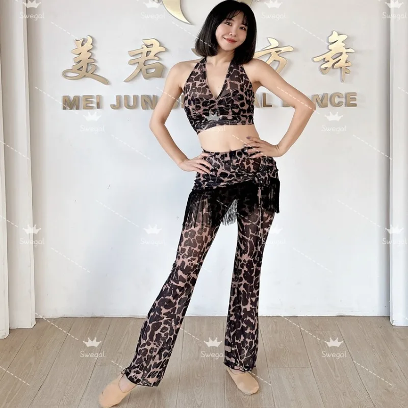 

Индивидуальный костюм для танца живота, костюм для восточного танца, тренировочное платье, сетчатые брюки с принтом, комплект из 3 предметов, сексуальный комплект