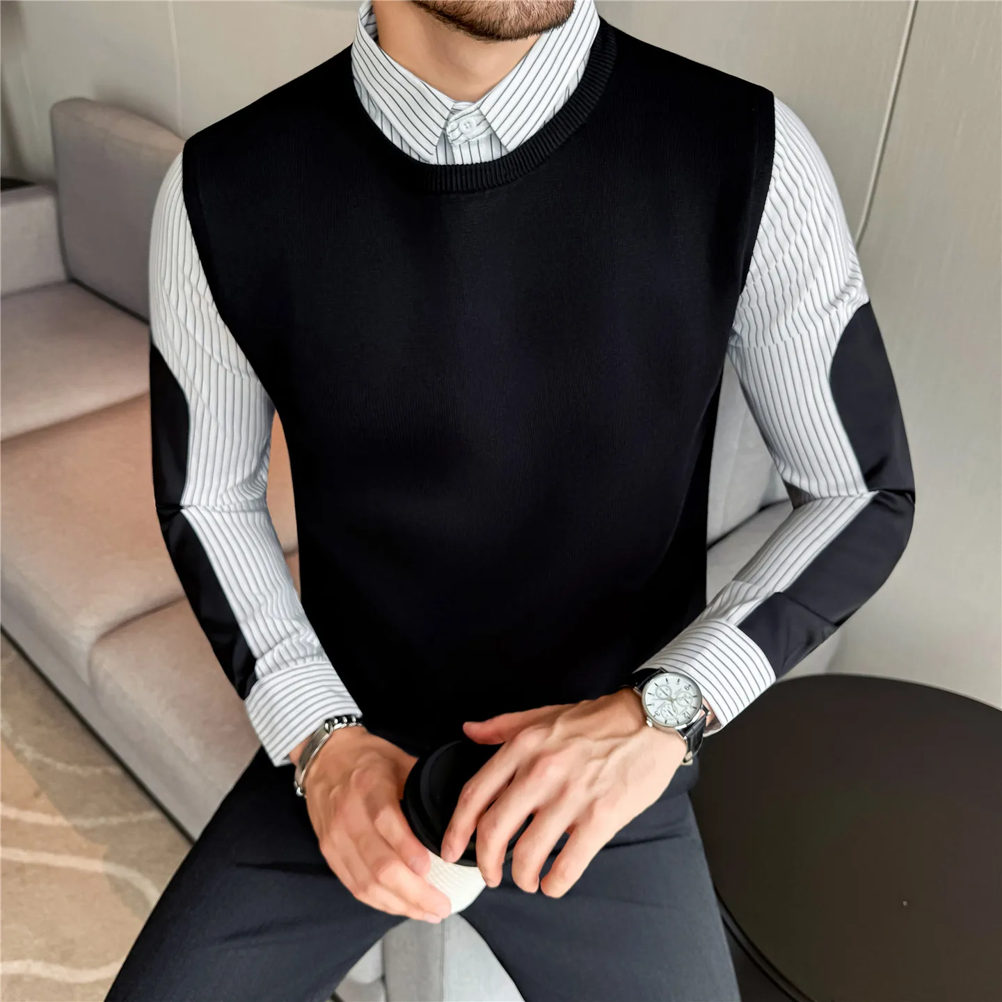 

Fashion Fake-2Pieces Sweaters For Men Business Formal Wear Striped Long Sleeve Spliced Men's Casual Sweater Slim Fit Pull Homme