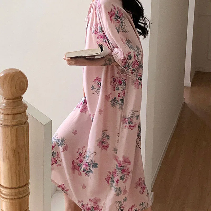 National Wind Temperament Medium-Sleeved Nightgown Female Summer Loose Large Size Temperament Senior Sense Dress Seaside Holiday