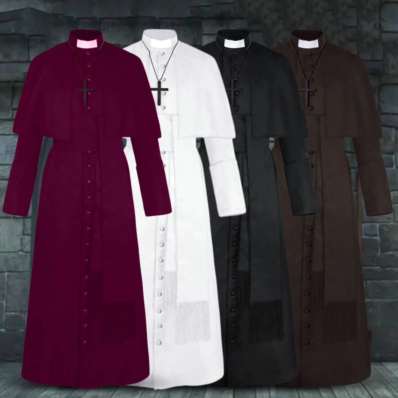 Mittelalter licher Priester Cosplay Kostüm für Männer Zauberer Mönch schwarze Robe Anzug Halloween Retro Kleidung 1 pc Halskette 1 pc Gürtel 1 pc Kleid