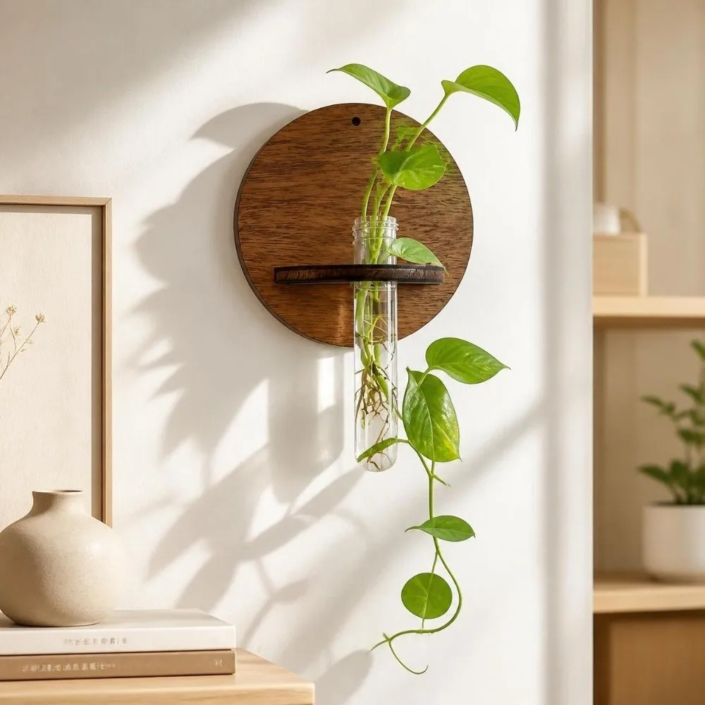 Flower Holder Wooden Hydroponic Planter Shelf Vase Home Ornaments Wall Mounted Planter Retro Round Planter Holder Living Room