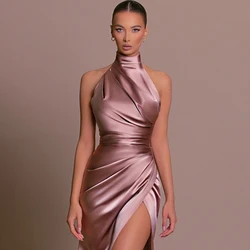 Ladies Satin New Evening Party Dresses Women Sleeveless Backless Halter Side Slit Sexy Elegant Maxi Dress Fashion Female Outfits